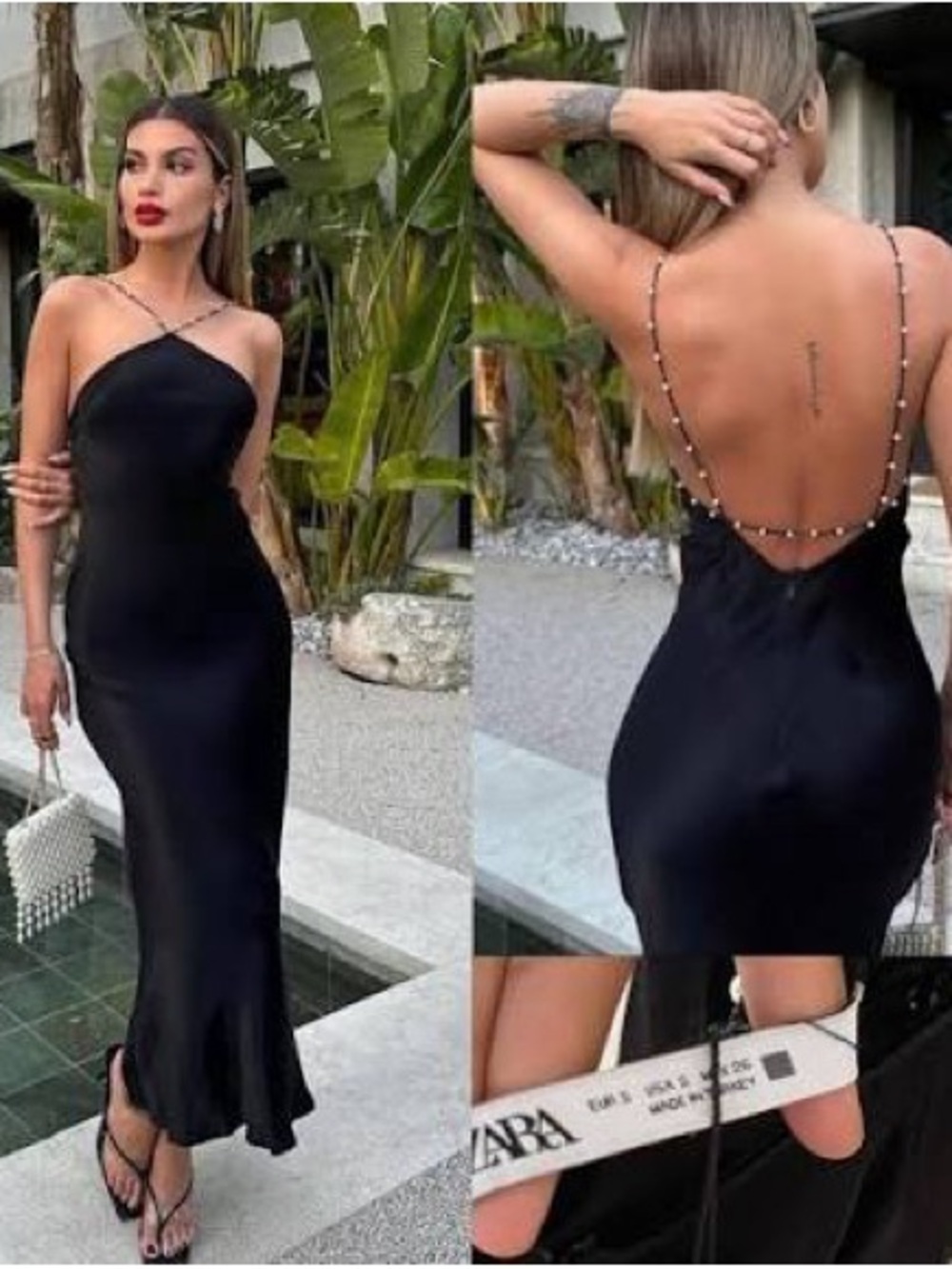 Zara Black Satin Halter Slip Dress Pearl Low Back